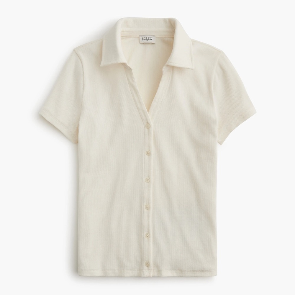 J.Crew Short-sleeve sweater ribbed button up polo top cotton ivory large [L] NWT